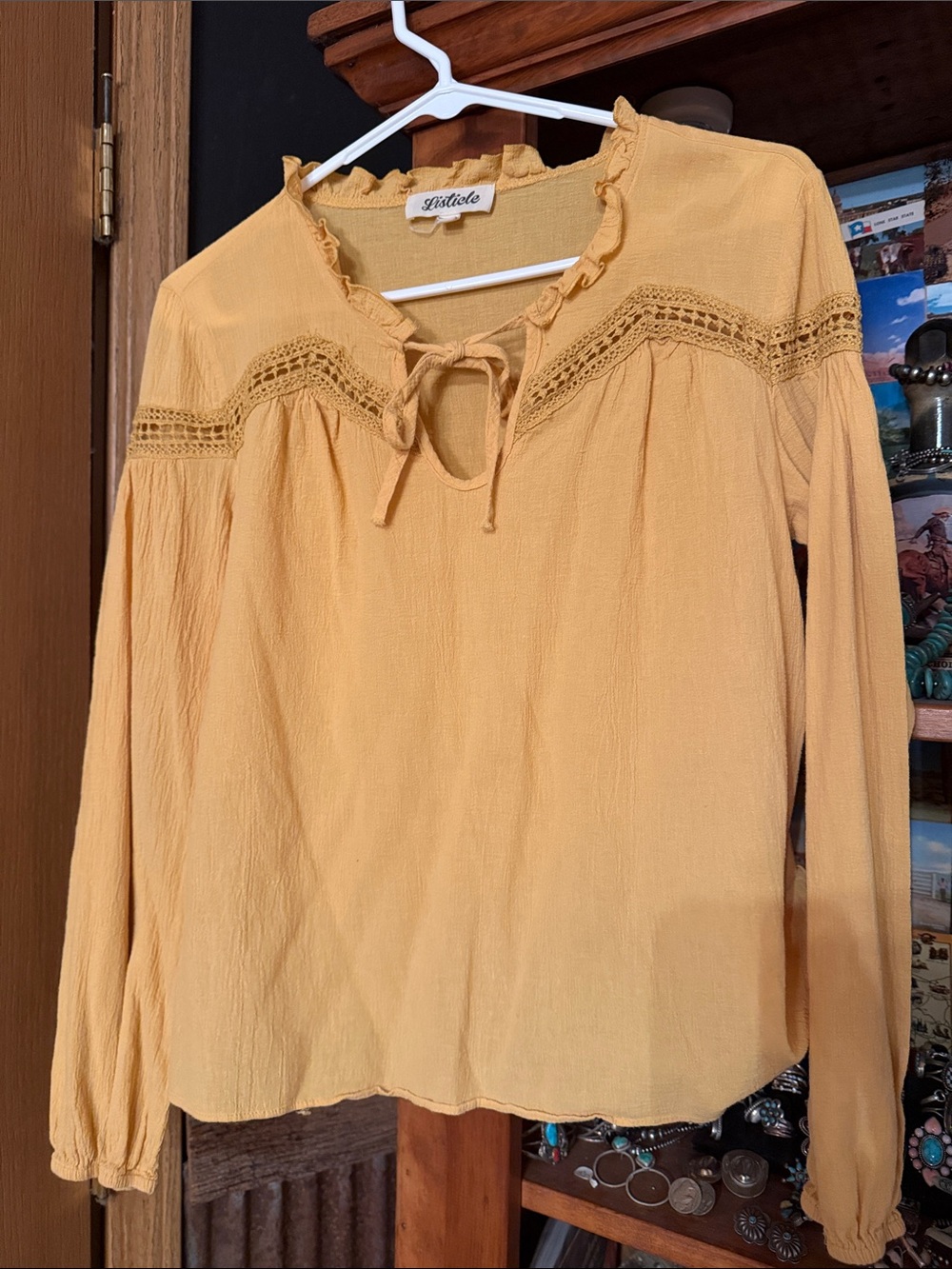 Listicle Mustard Tie-Front Lace Yoke Blouse